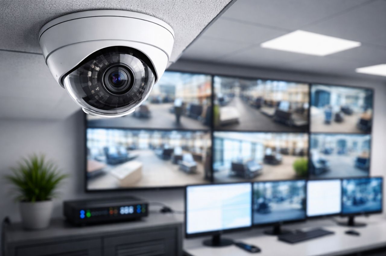 Ceiling-mounted dome CCTV camera installed in a commercial environment with multiple live monitoring screens and recording equipment in the background.