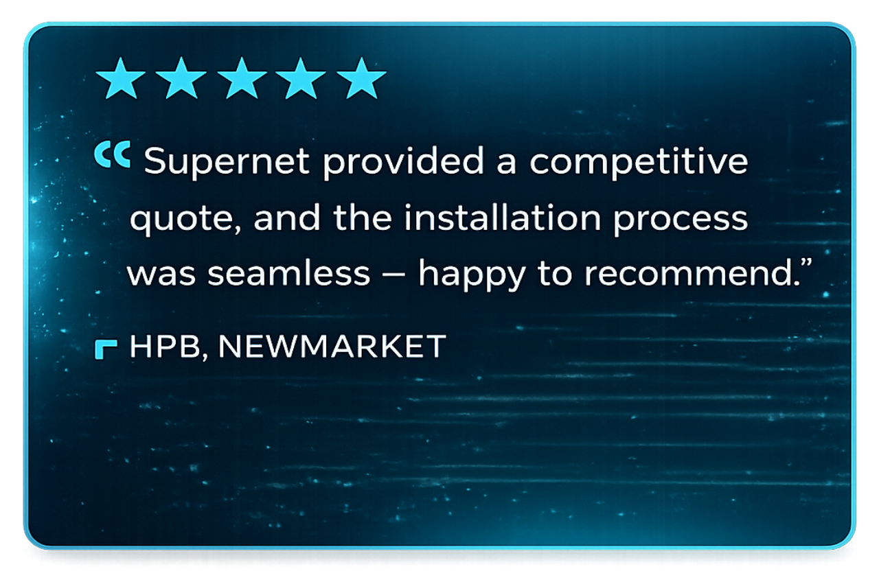 Supernet Communications customer testimonial graphic featuring five-star review from HPB, Newmarket praising competitive quote and seamless installation process.