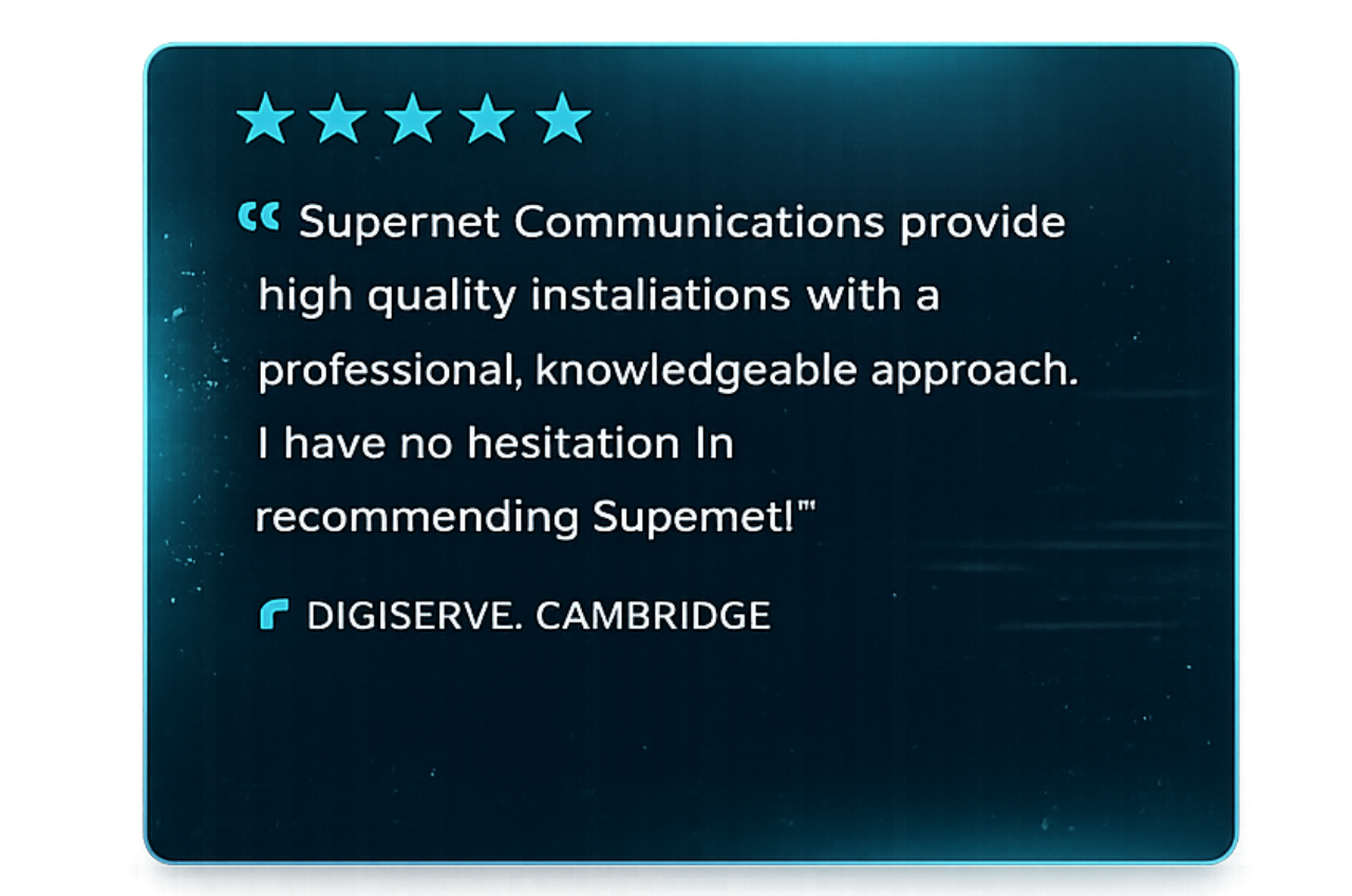 five-star reviews for Supernet Communications highlighting professional installation of Wi-Fi, cabling, CCTV and access control systems.