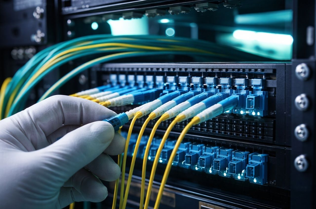 Close-up of a technician connecting fibre optic cables into a structured patch panel inside a data cabinet