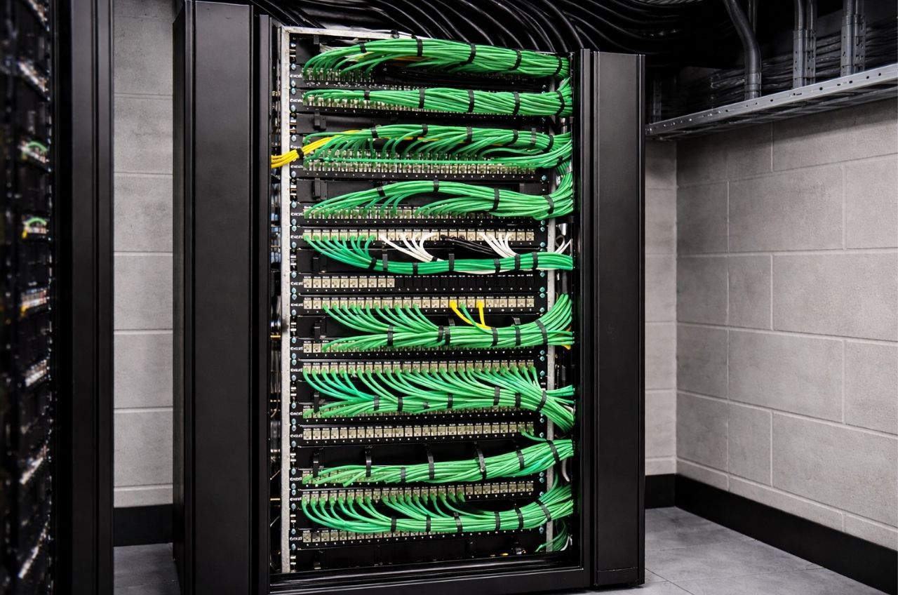 Large commercial server room featuring multiple 42U data cabinets with neatly organised structured Ethernet cabling and overhead cable tray system for high-performance network infrastructure installation.